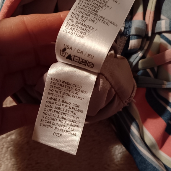 Splendid~Pink & Blue Striped Strapless Criss Cross Tie Back One Piece Swimsuit - Picture 7 of 16